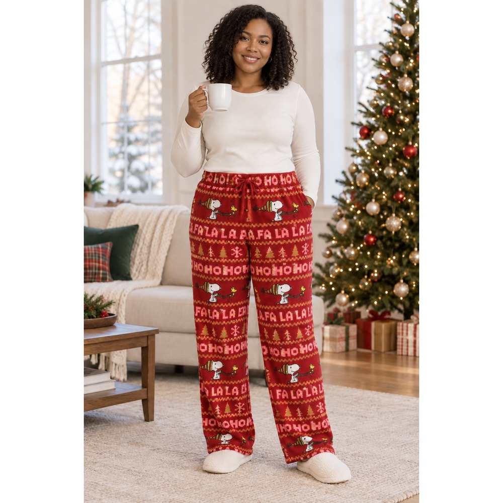 Peanuts Snoopy Woodstock Christmas Fleece Pajama Pants Red Fair Isle Large